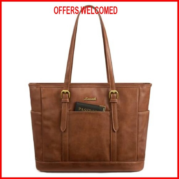 Vintage Leather Tote Bag with iPad Compartment Multiple Pockets - Picture 2 of 7